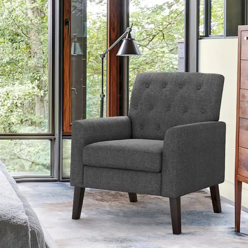 LUE BONA Modern Upholstered Accent Chair Linen Fabric Button Tufted Armchair with Solid Wood Frame - 28.5 W X 27.25 D X 33.75 H