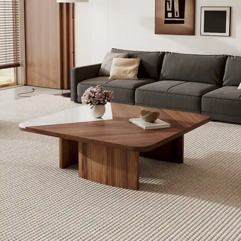Modern 35.43 Square Coffee Table, Solid Wood Veneer with White Sintered Stone Table Top