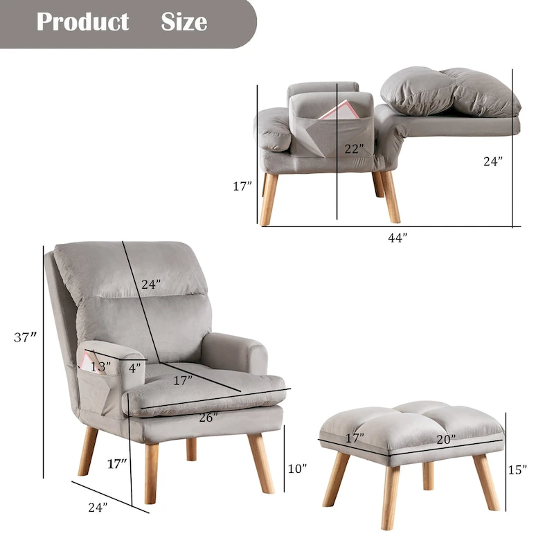 Velvet Fabric Armchair with Ottoman with Adjustable Backrest and Side Pockets