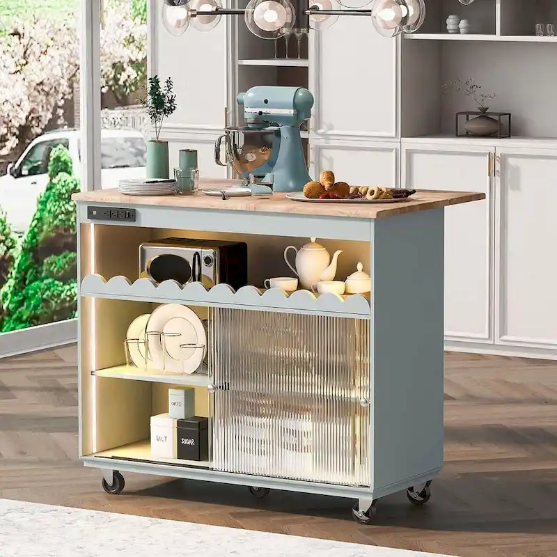 Multi-Functional Kitchen Island Cart with Drop Leaf, LED Light, and Power Outlets