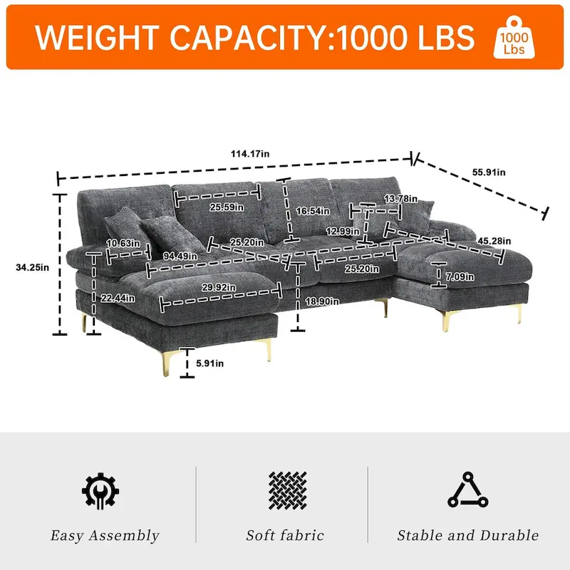 HOMEFUN Chenille Upholstered U-Shaped Living Room Sectional Sofa