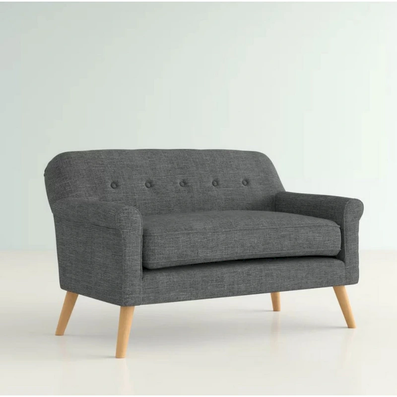 Loveseat, 50 Inch Smooth Tufted Gray Polyester, Natural Brown Wood