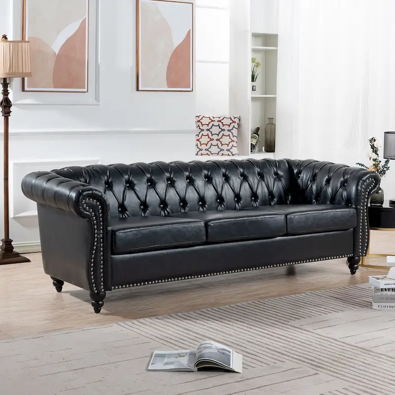 Faux Leather Rolled Arm Chesterfield Three Seater Sofa