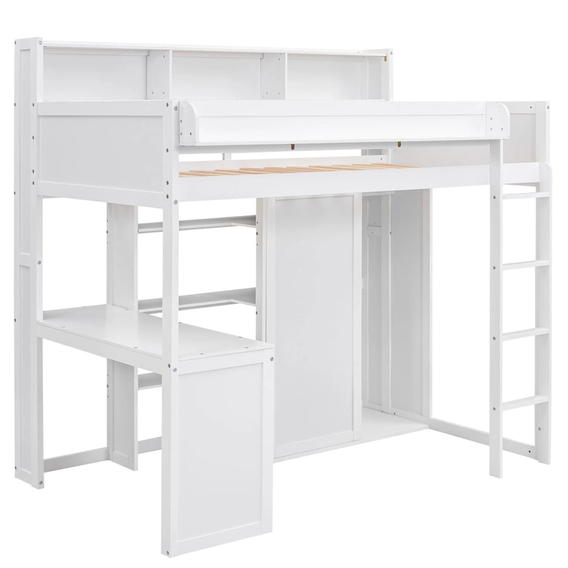 Twin Wood Loft Bed with Shelves, Wardrobe, and Desk