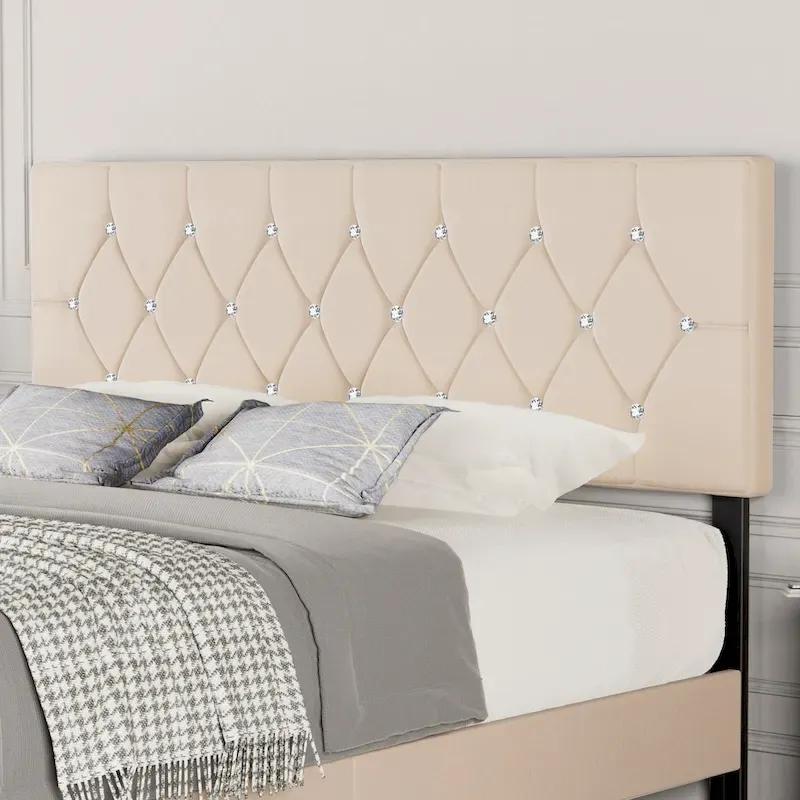 Diamond Tufted Upholstered Headboard - Beige Velvet Queen/King