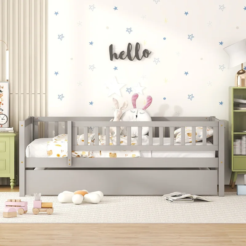 Wood Daybed with Trundle and Fence Guardrails