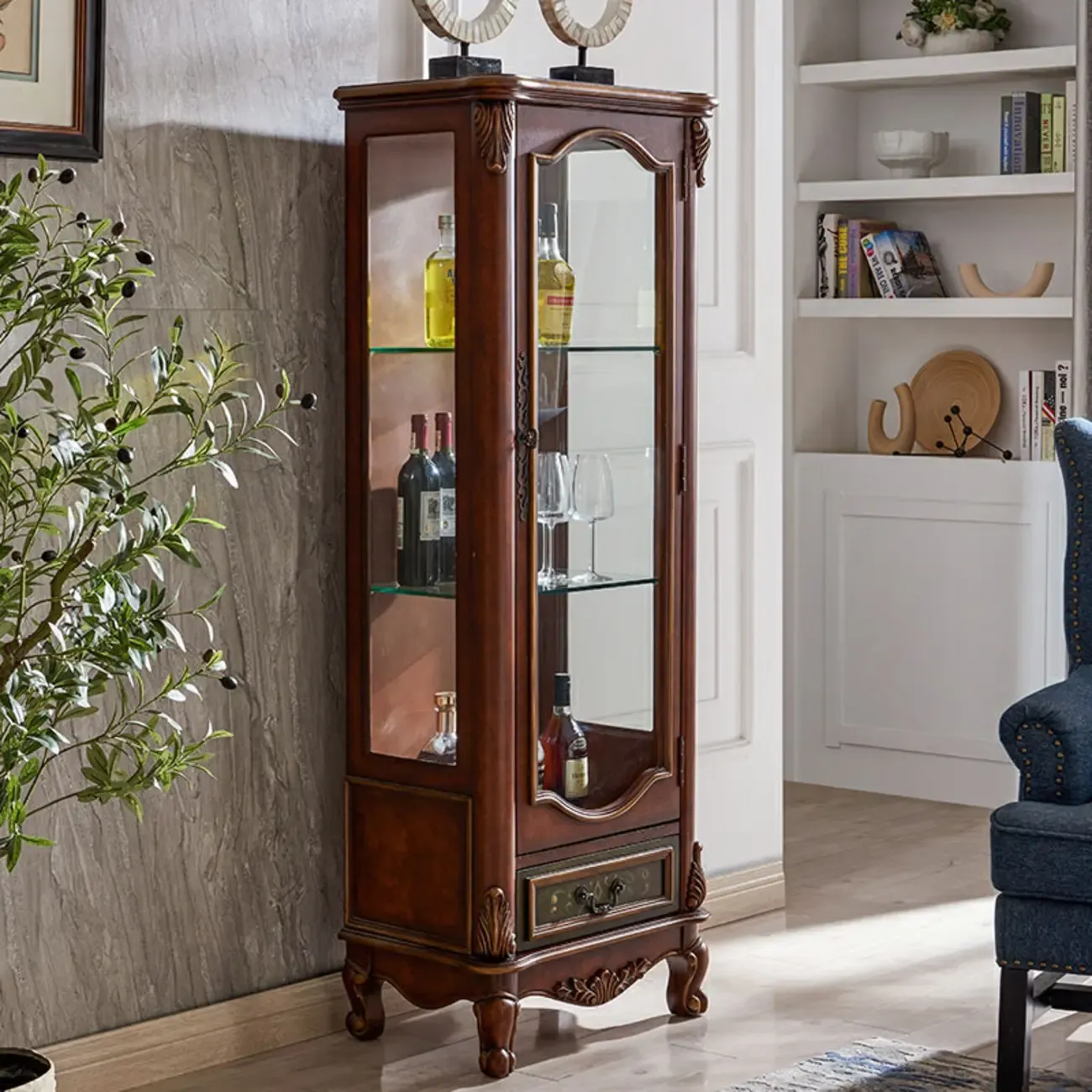 Traditional Tall Wood Blue Glass Shelf Display Cabinet
