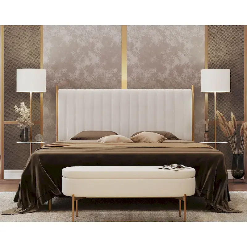 King Velvet Upholstered Headboard with Vertical Tufting and Gold Metal Frame – Cream / Black / Grey / Sage Green, for 1–2 People