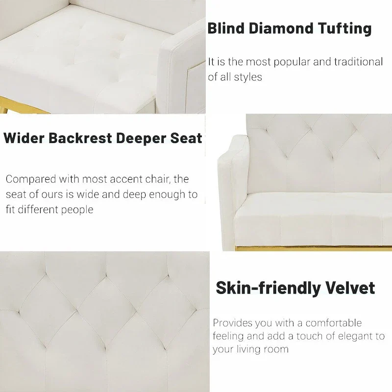 Velvet Accent Chair, Comfy Tufted Upholstered Armchair, Gold Legs - 28.7W