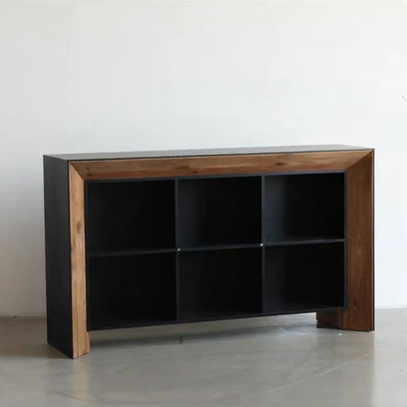 Modern Black Brown Pine Wooden Open Storage Display Cabinet