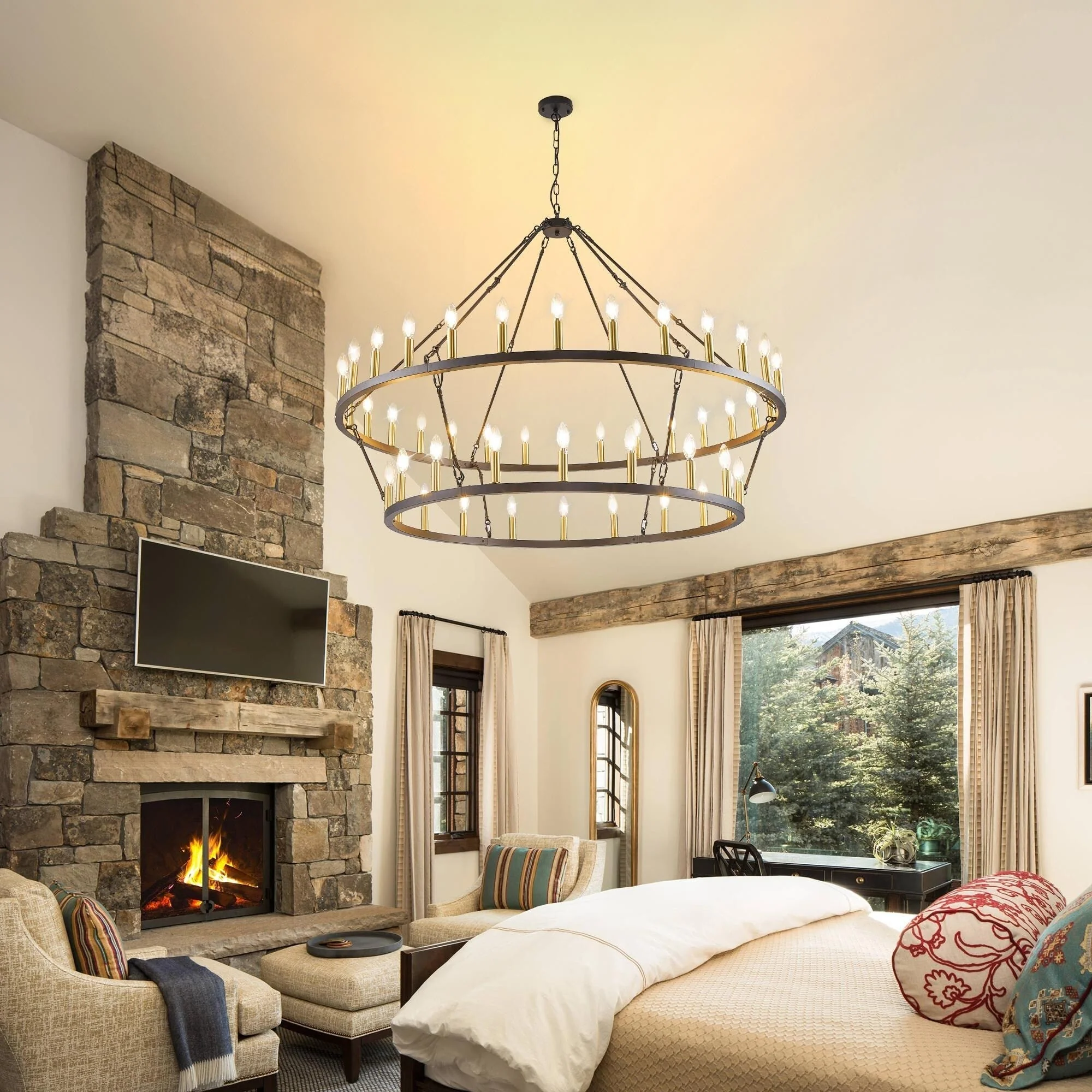 Modern Farmhouse Chandelier 2 Tier Round Wagon Wheel Chandelier Large High Ceiling Light.