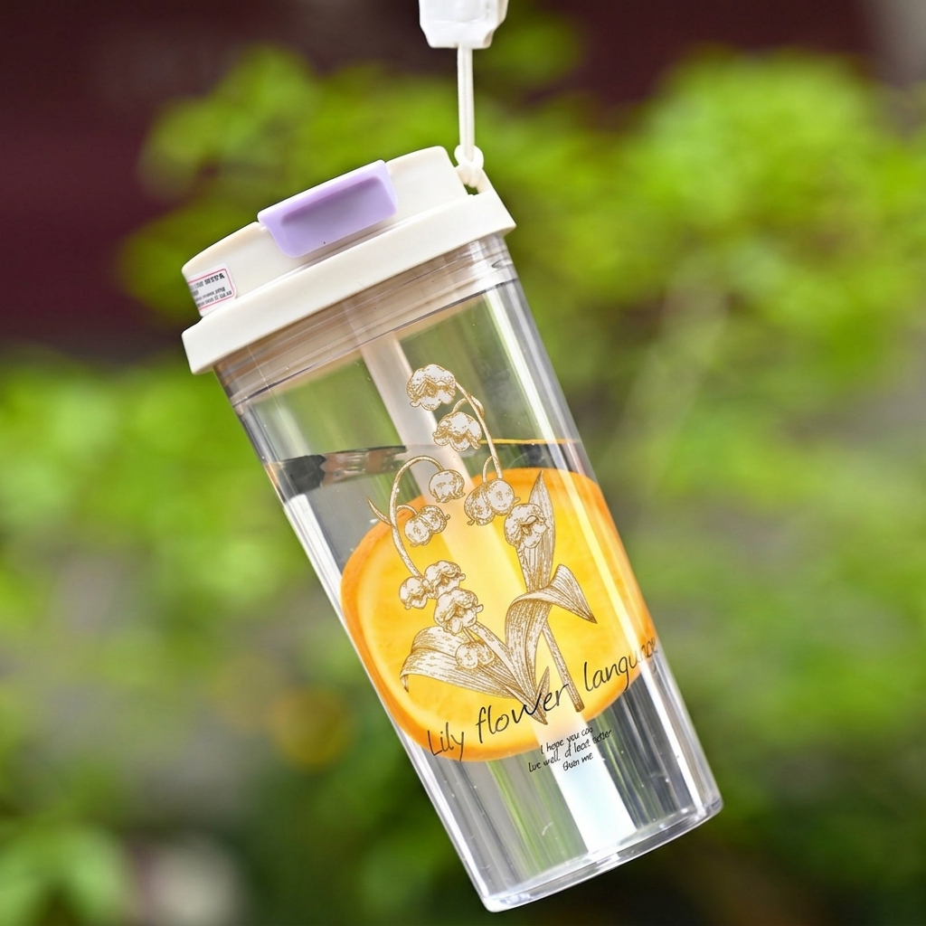 600ML Purple Lily of the Valley Water Bottle with Straw and Lanyard