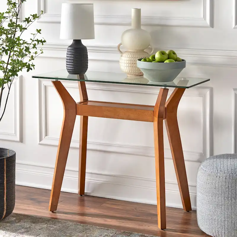Walnut Sofa Table with Tempered Glass Top and Lower Shelf