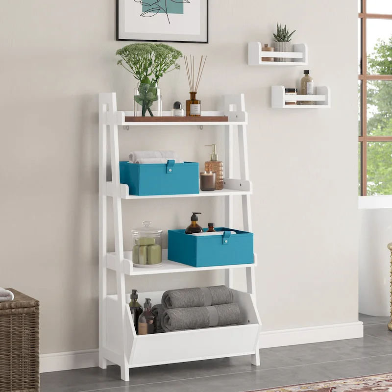 4-Tier 24in Ladder Shelf with Display Shelf and Storage Organizer Bin - White with 2 10 Floating Bookshelves