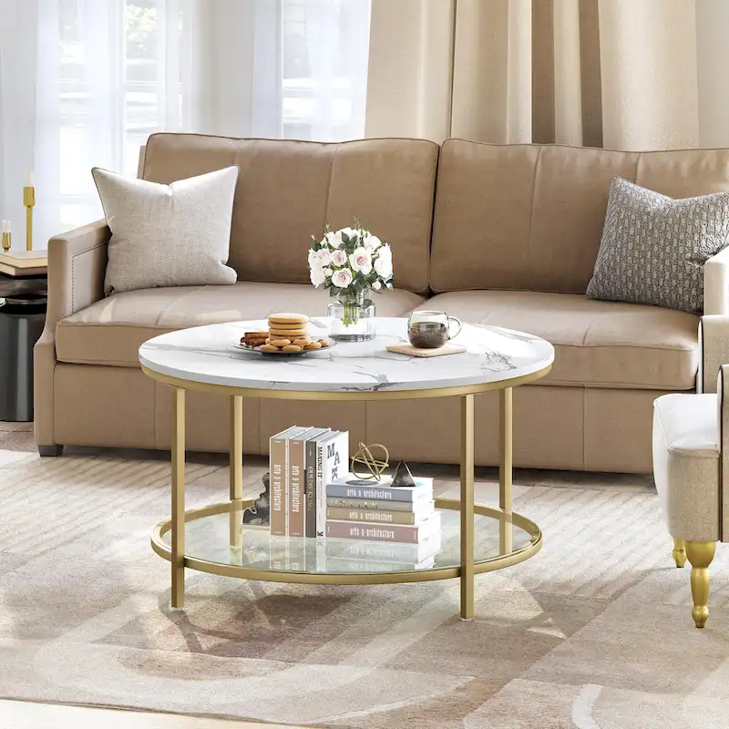 White Marble Pattern Round Coffee Table with Glass 2-Tier Circle Gold Frame