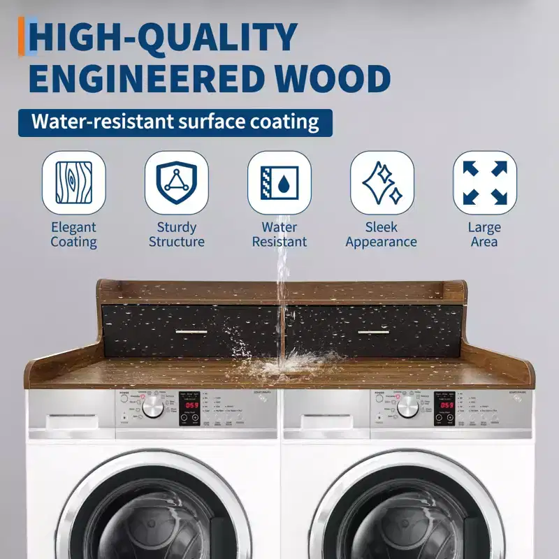 Laundry Countertop, 2-Tier Washer Dryer Countertop with 2 Drawers - 2.75'' Edge Rails, Waterproof Wood, Anti-Slip Pads (54''W27.55''D)
