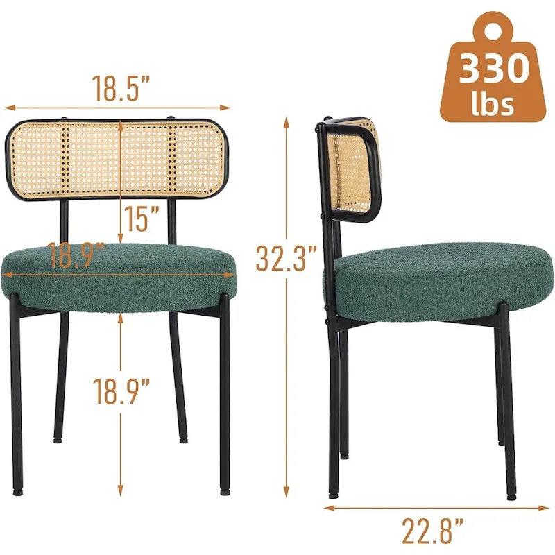 XINMICS Mid-Century Modern Dining Chairs, Boucle Upholstered Metal Side Chair with Rattan Cane Back, Set of 2 - set of 2
