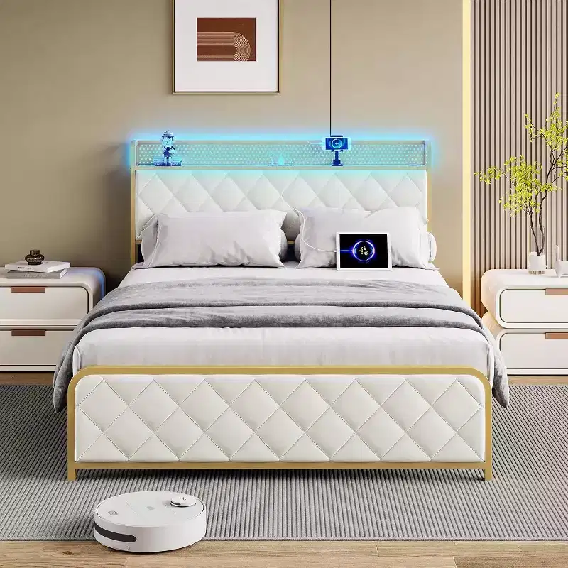 Beige Upholstered Platform Bed Frame - King, 1-Person