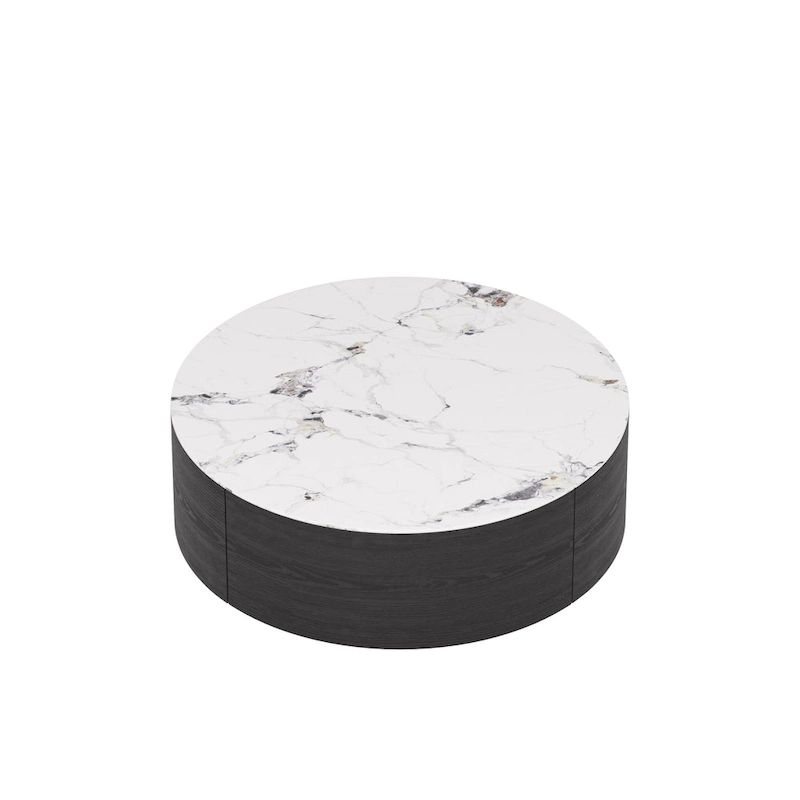 Modern Round Coffee Table, White Sintered Stone Tabletop with 2 Drawers