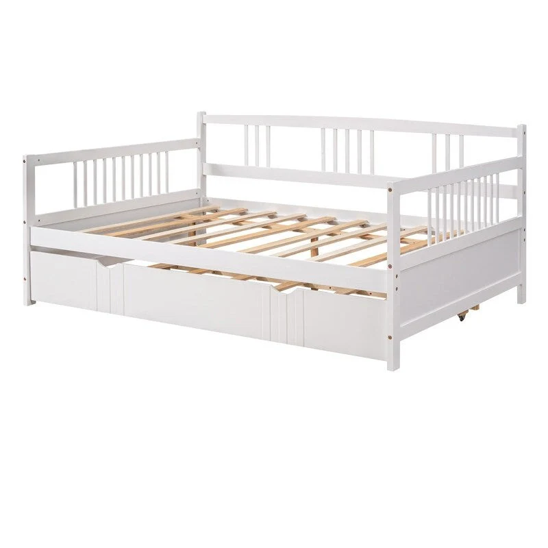 Full Daybed with Twin Size Trundle, Wood Full Size Bed Frame with Rails in Three Sides