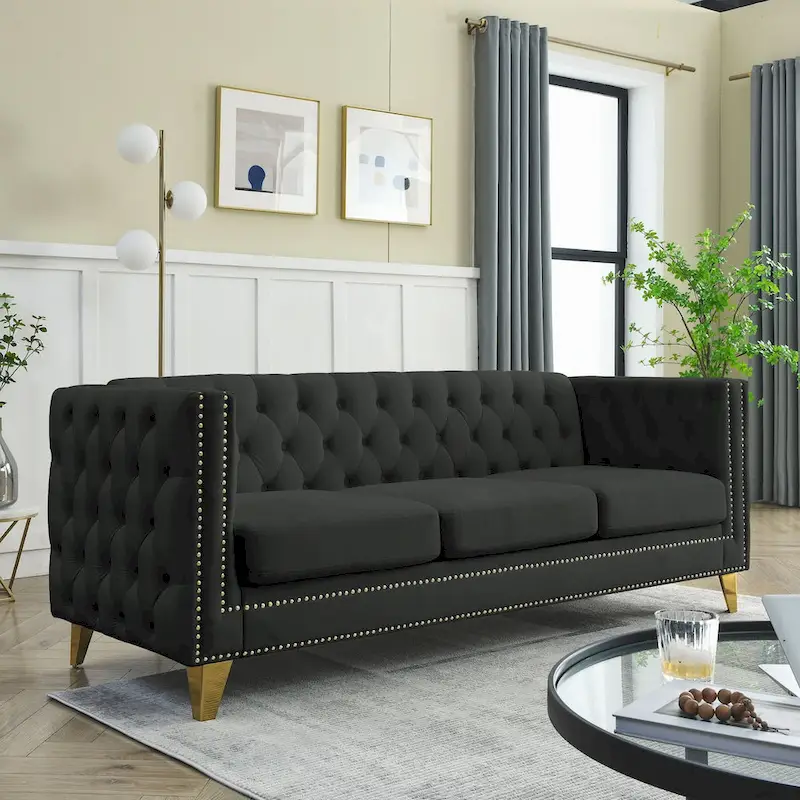 2-Pieces Velvet Upholstered 3 Seat Sofa, Classic Chesterfield Couch Buttons Tufted Square Arm Sofa with Nailheads and Metal Legs