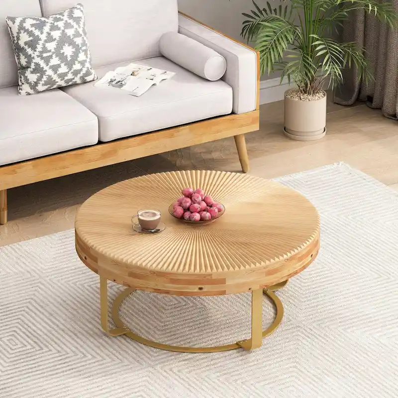 Modern Round Coffee Table with Wooden Carving Pattern and Metal Legs
