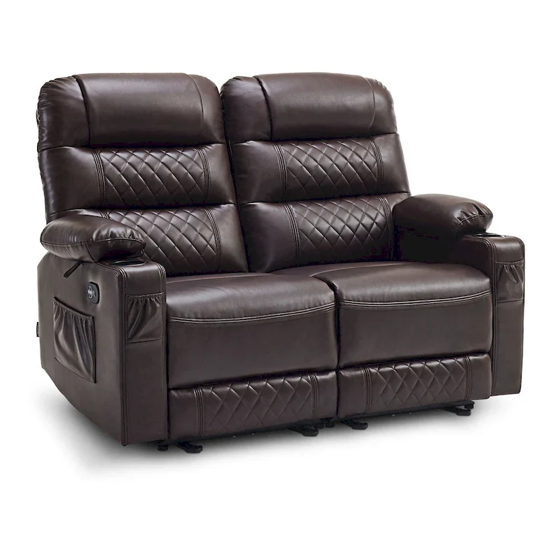 Power Recliner Loveseat, Saddle/Dark Brown/Light Grey, Heat & Massage, Seats 2