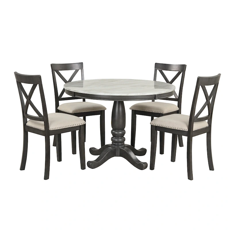 Modern Style Wooden 5-Piece Dining Set with Round Table amd 4 Upholstered Chairs
