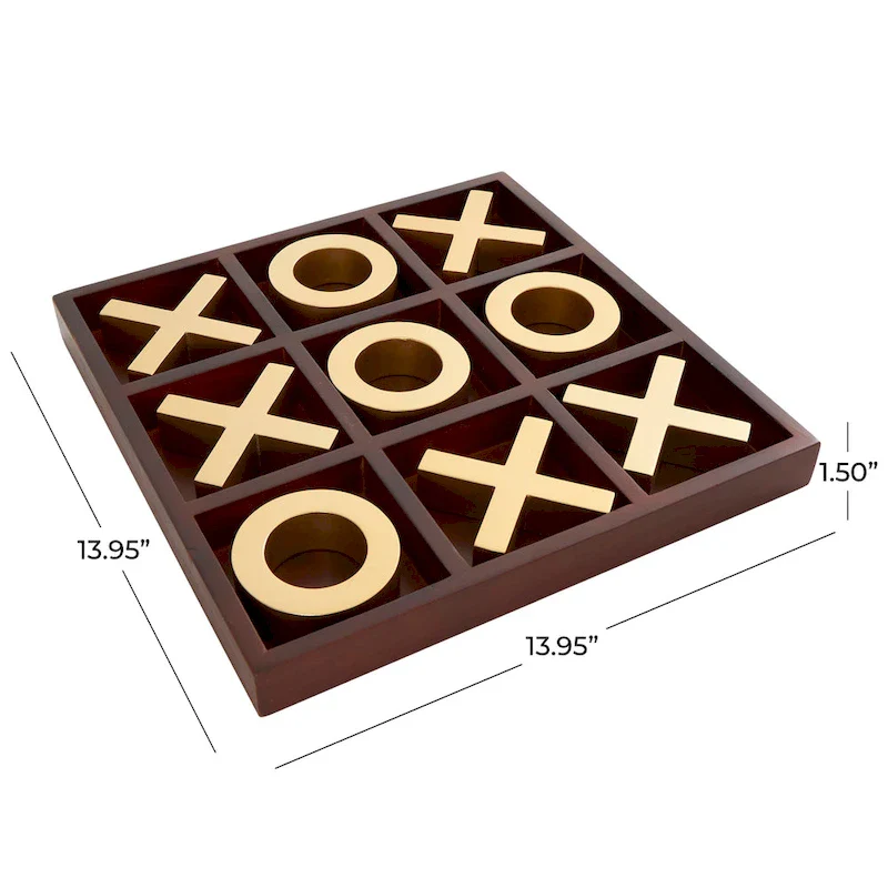 Brown Wood Tic Tac Toe Game Set with Gold X and O Pieces