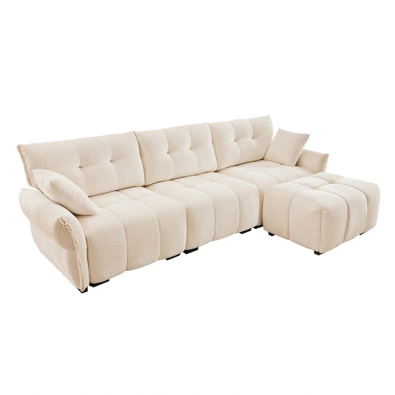 110.2 Chenille 3-Seater Sofa Set with Ottoman and Pillows, Solid Wood Frame and High-Resilience Cushions