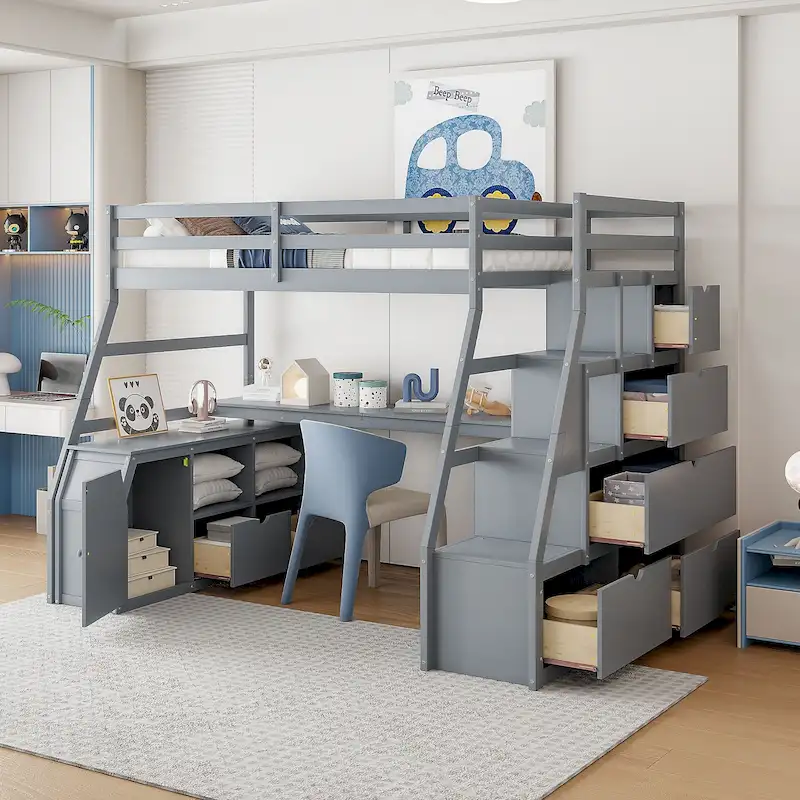 Gray Full Pine Loft Bed with Desk and Storage
