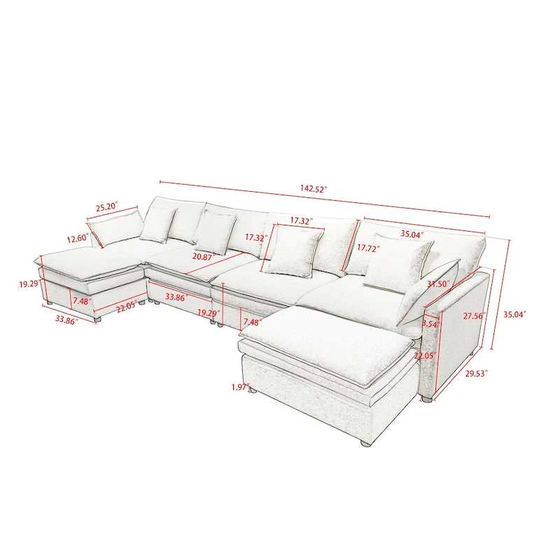 White 142.52  U-Shaped 6-Seater Sectional Sofa