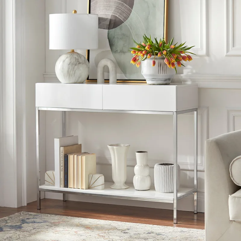 Simple Living White and Chrome Metal High Gloss Console Table