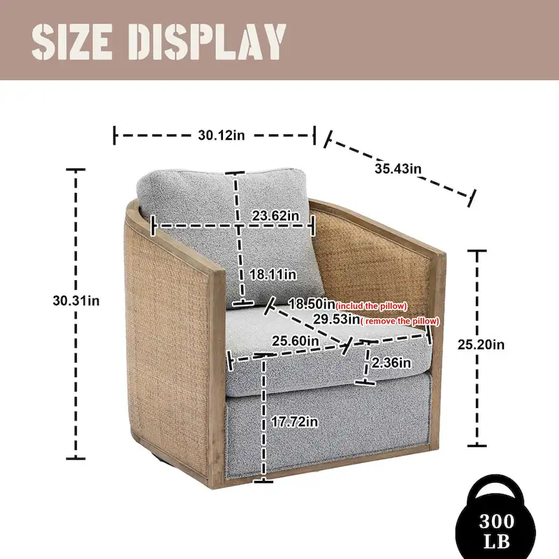 Boucle/Leather Upholstered 360 Degree Swivel Round Barrel Club Chair