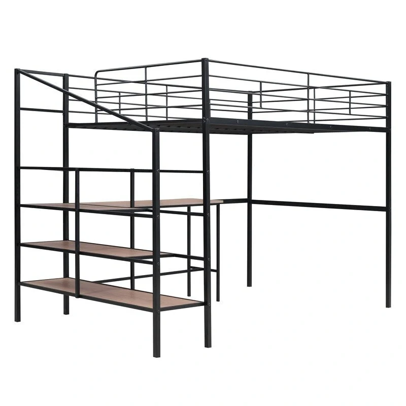 Metal Loft Bed with Desk and Lateral Storage 4-layers Ladder,Full Size