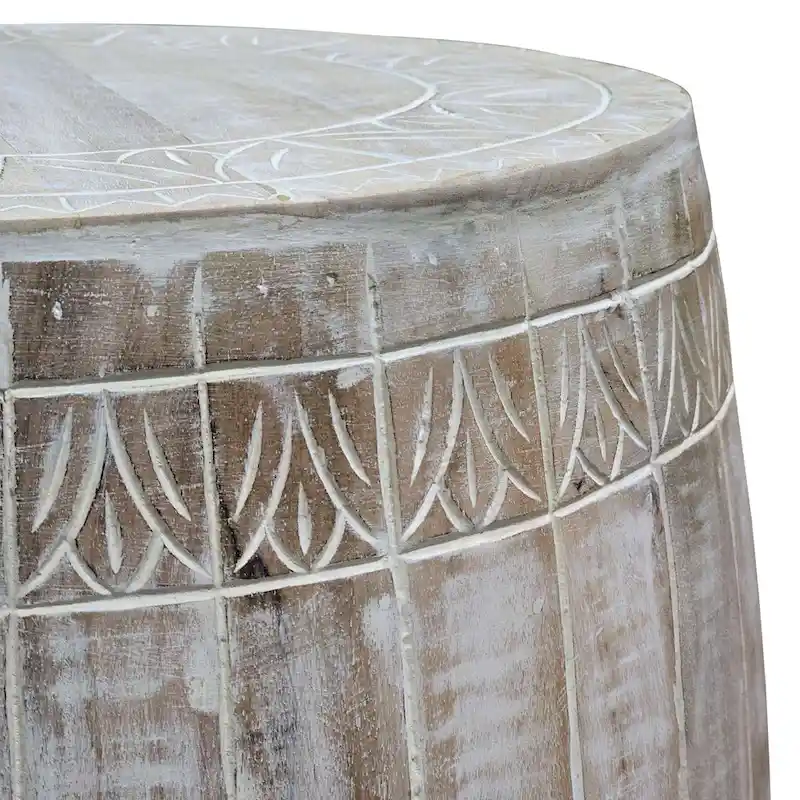 Serenity Side End Table with 16 Inch Round Top, In Antique White Mango Wood