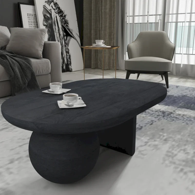 38 Inch Coffee Table, Oblong Mango Wood Top with a Modern Ball Leg