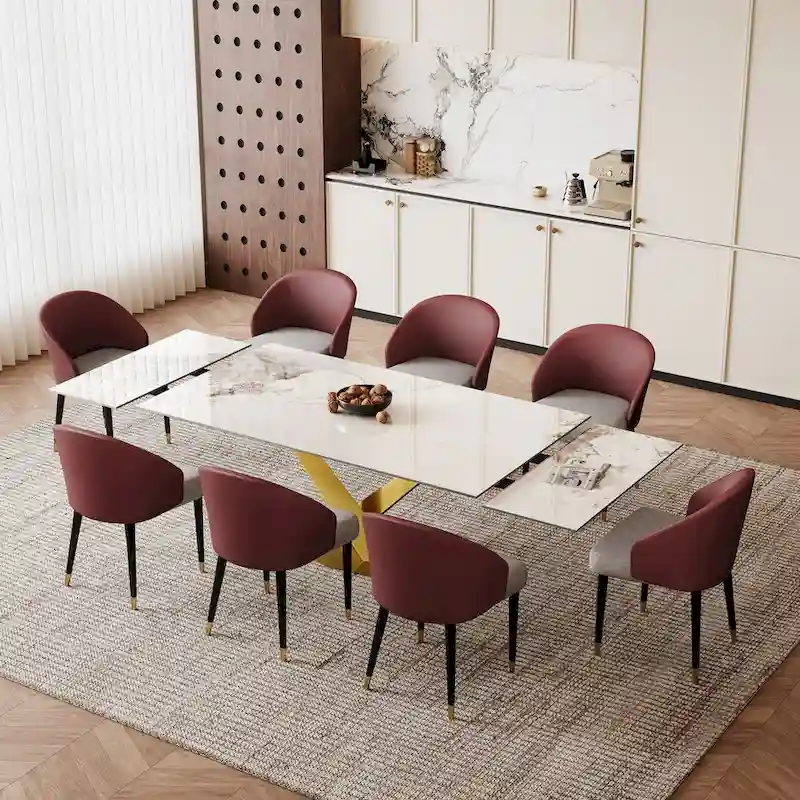 9 - Piece 94.48 Rectangular Extendable Sintered Stone Dining Table with 8 Faux leather Chairs Dining Set