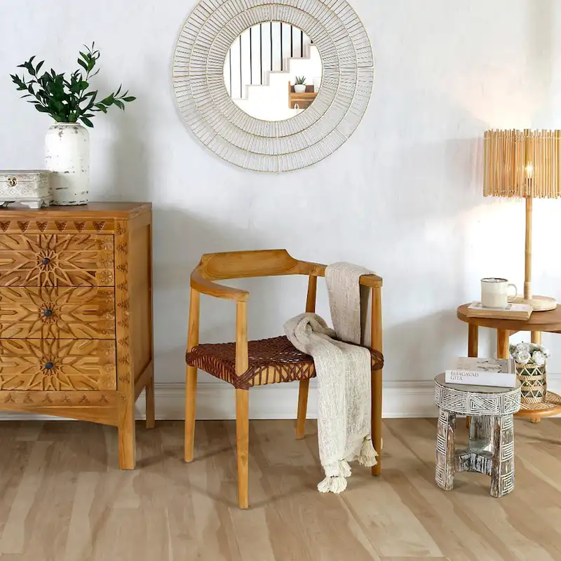 Erline Teak Wood Weaved Leather Seat Accent Chair Armchair