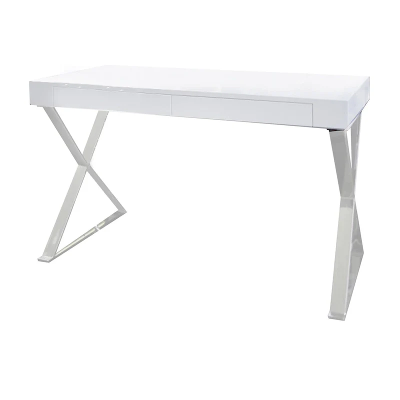 Rix 47 Inch Office Desk, White Wood Top, 2 Drawers, X Polished Steel Legs