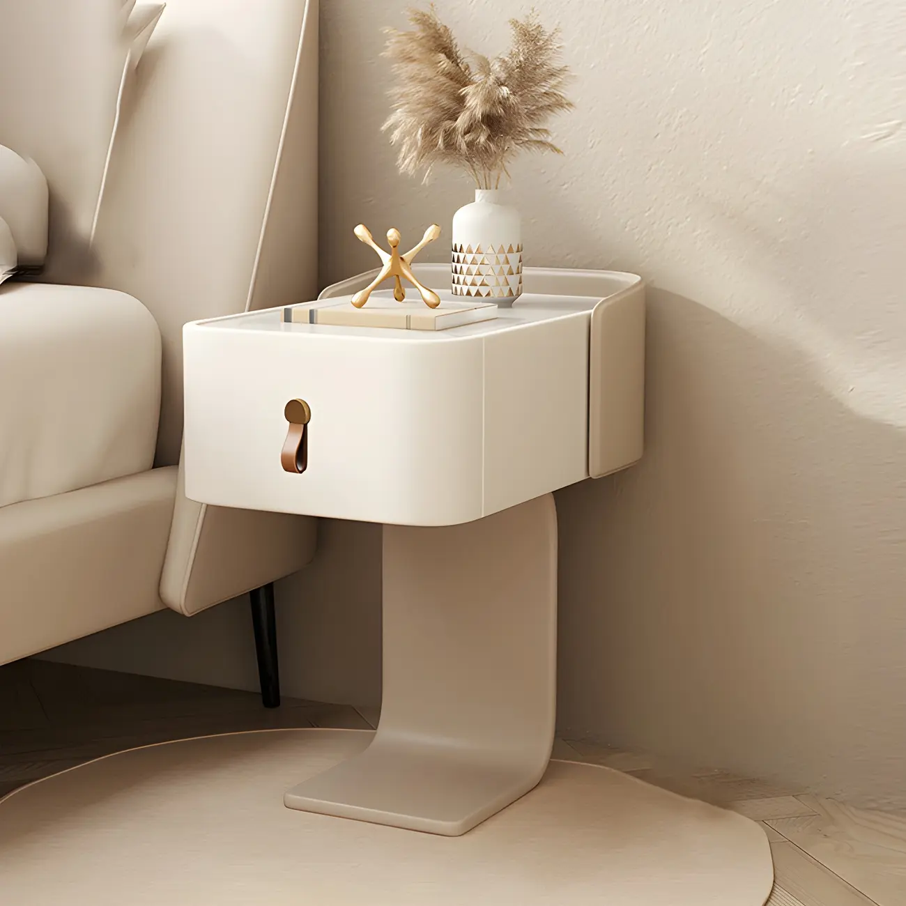 Khaki Stone Top Wood C-Shaped Nightstand with Drawer