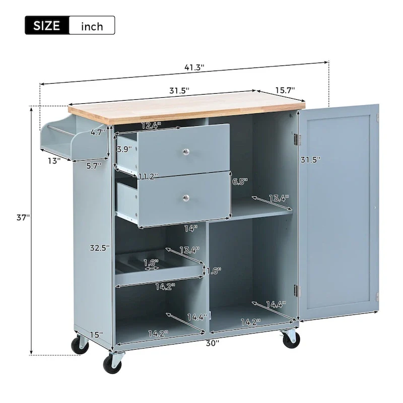 41.3 in. Rolling Kitchen Island with Spice Rack and Two Drawers