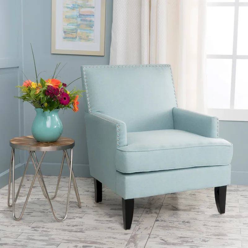 Studded Fabric Club Chair – Light Blue / Teal / Grey, Single Seat
