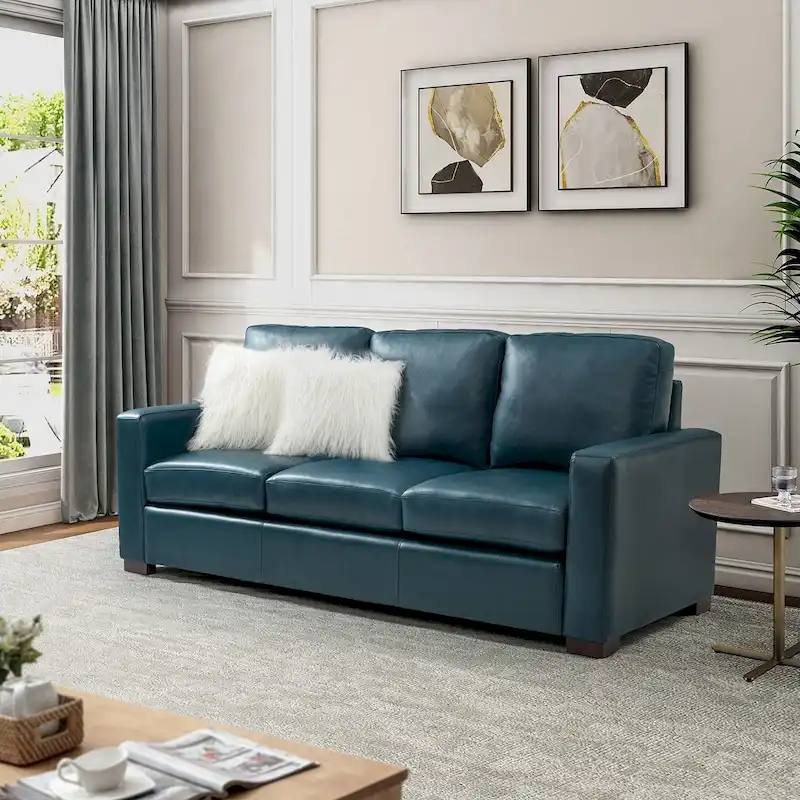 Ernando 83.46 Wide Genuine Leather Sofa with Squared Arms and Pillows