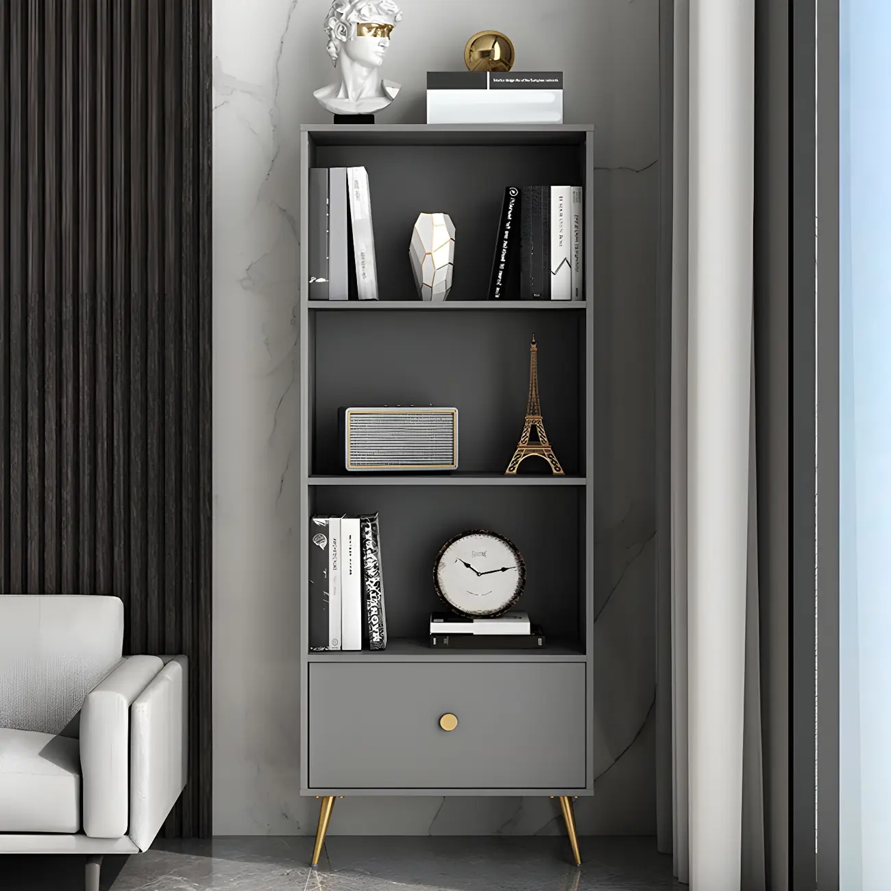 White Metal 2/3/4-Tier Open Bookcase with Drawer