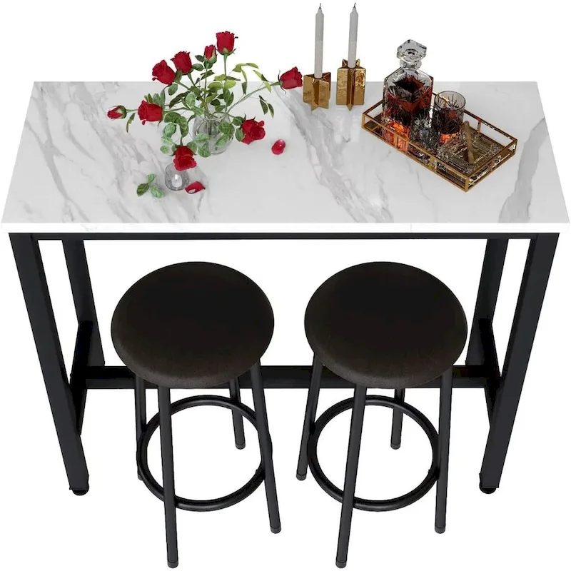 3 Piece Kitchen Pub Dining Set, Modern Faux Marble Counter Height Bistro Bar Table Set with 2 PU Leather Bar Stools
