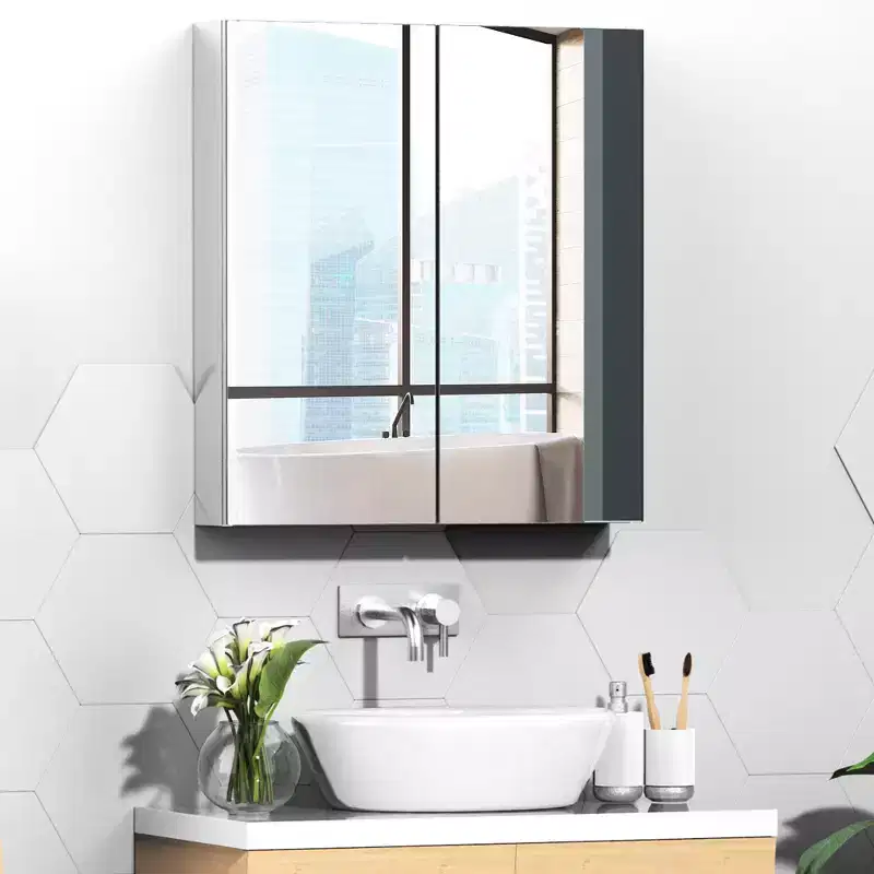 kleankin Bathroom Mirrored Cabinet, 24x26 Stainless Steel Frame Medicine Cabinet, Wall-Mounted Storage Organizer with Double Doors, Silver