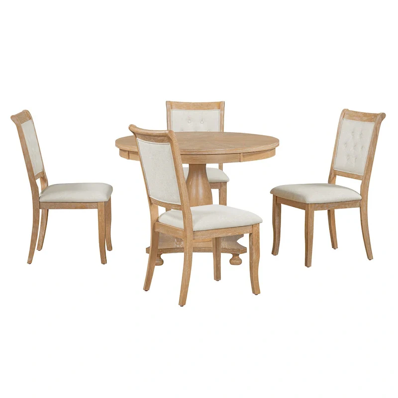 5 Piece Dining Table Set, Solid Wood Kitchen Dining Room Table Set with Round Dining Table and 4 Upholstered Chairs