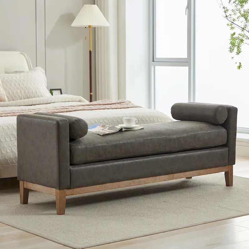 Bedroom Bench with Pillows and Solid Wood Legs for Living Rooms and Entryway