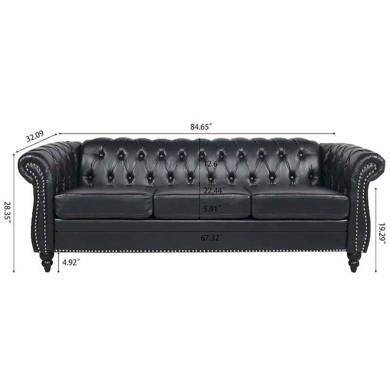 84.65 Chesterfield Tufted Faux Leather Sofa with Rolled Arms